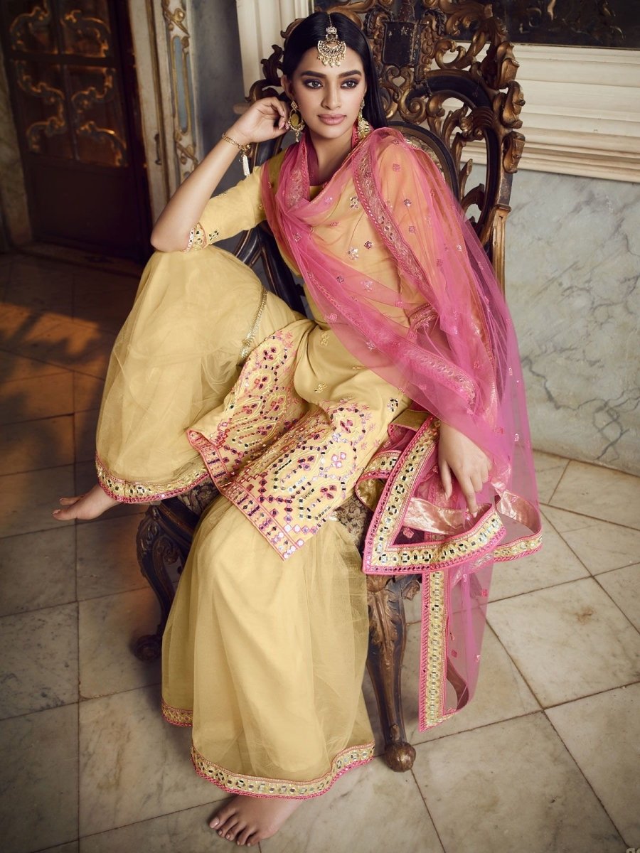 Yellow Organza Partywear Sharara Suit
