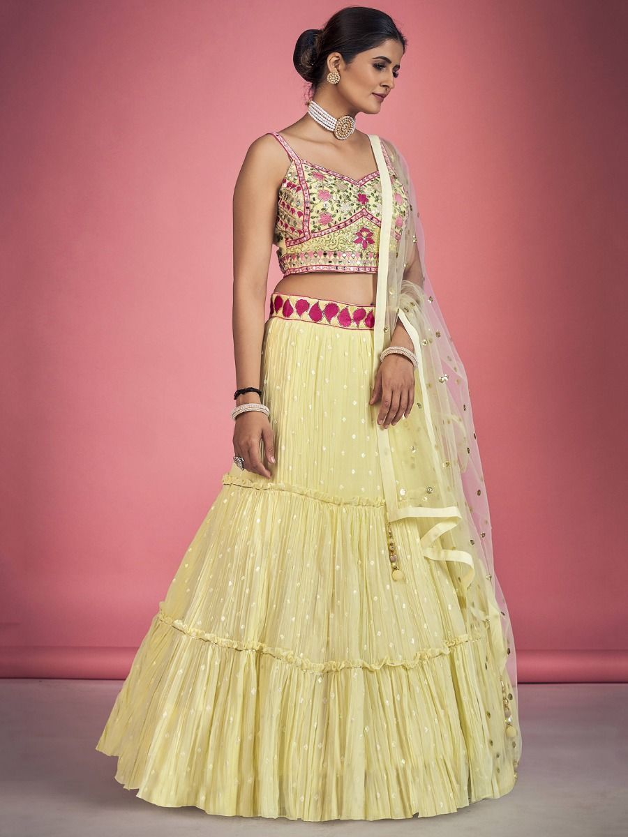 Yellow Pakistani Georgette Lehenga Choli For Indian Festivals & Weddings - Sequence Embroidery Work, Thread Embroidery Work, Mirror Work