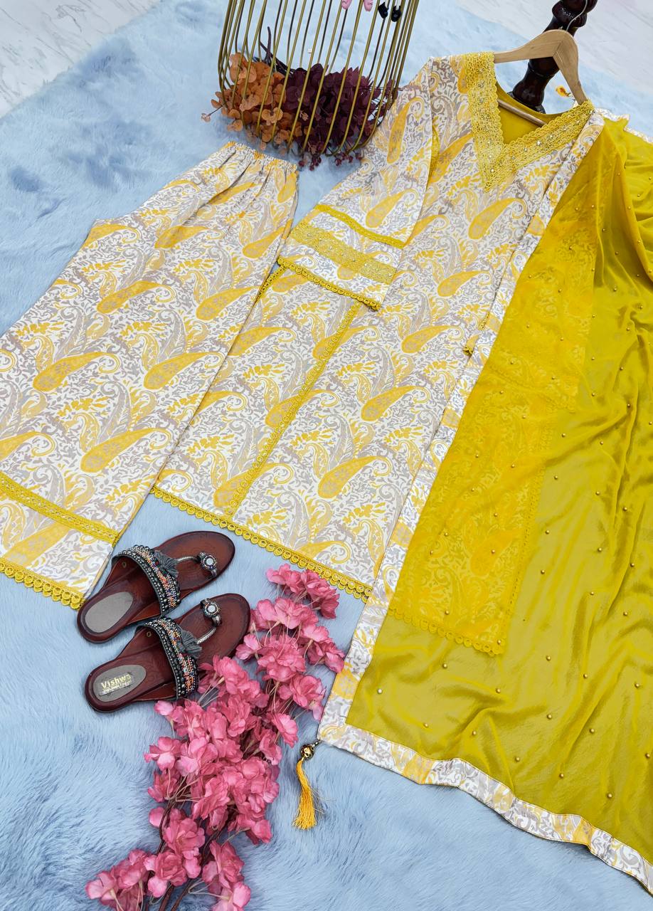 Yellow Premium  Designer Cotton Readymade Top Plazzo set With Dupatta