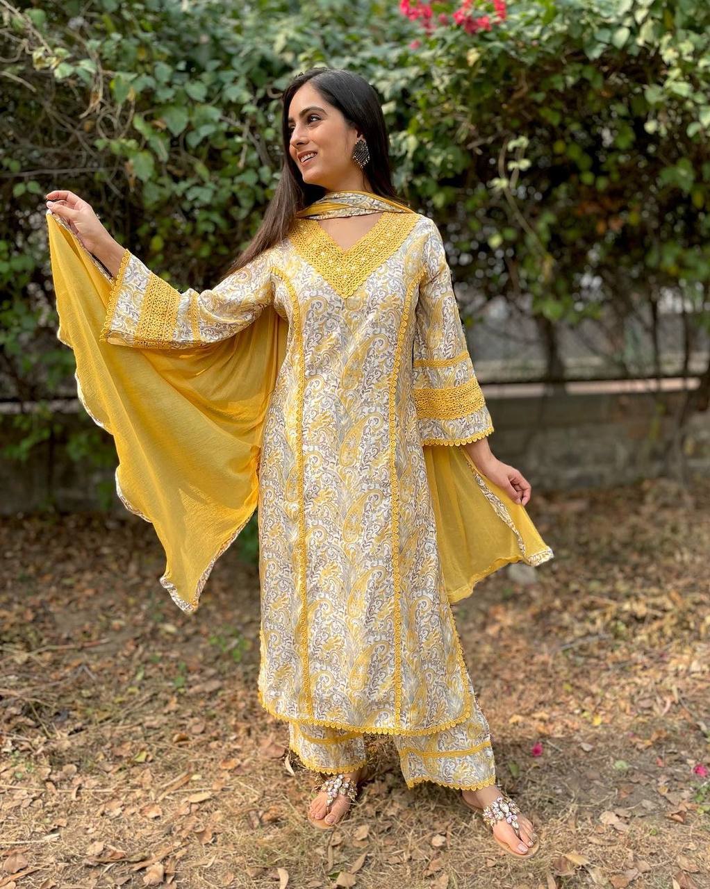 Yellow Premium  Designer Cotton Readymade Top Plazzo set With Dupatta