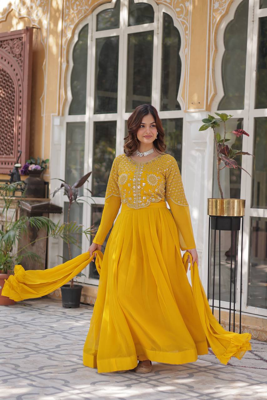 Yellow Premium Designer Readymade Gown with Dupatta Collection