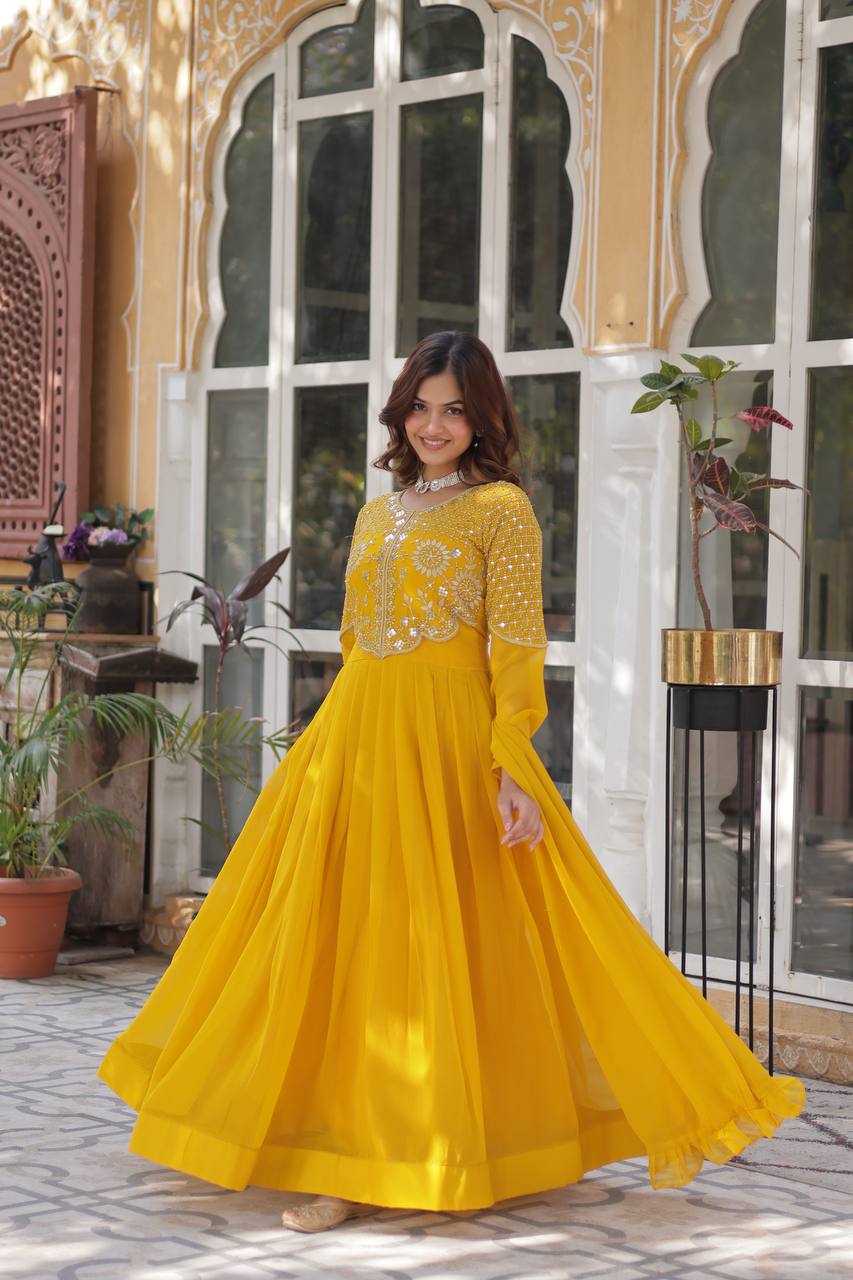 Yellow Premium Designer Readymade Gown with Dupatta Collection