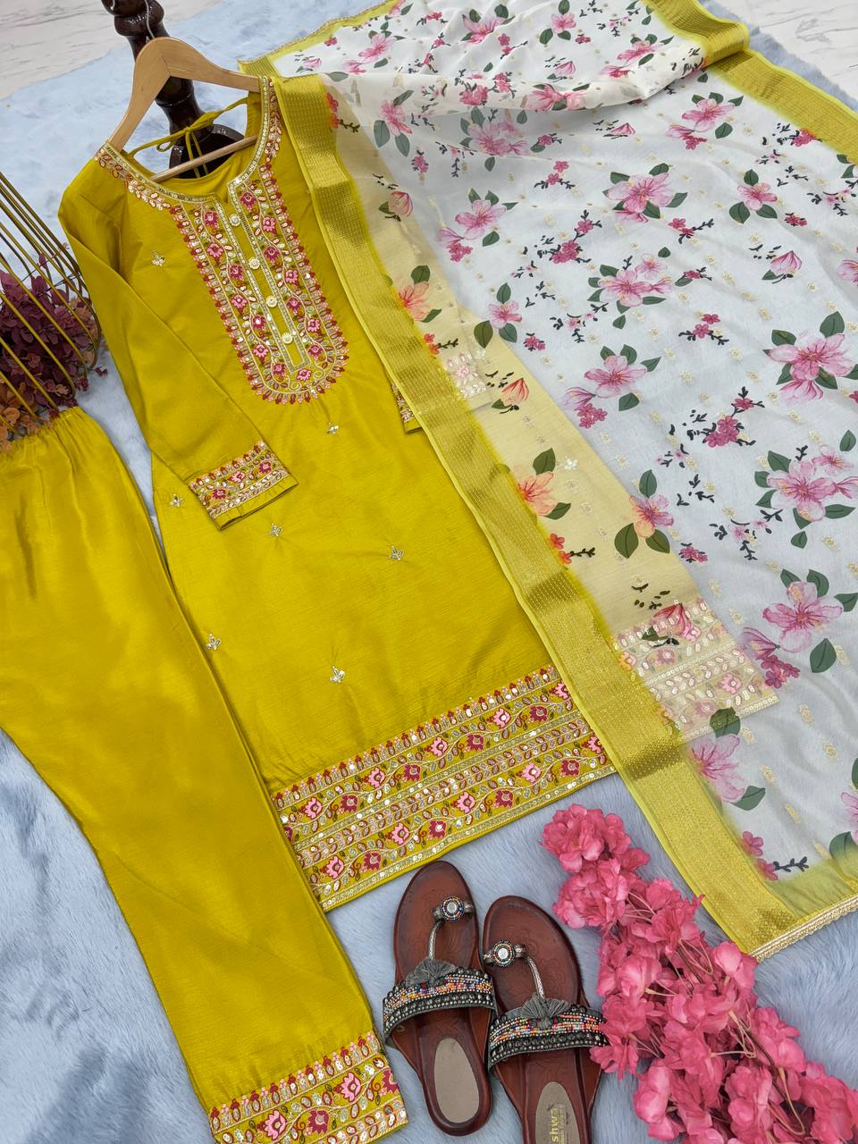 Yellow Premium Designer Readymade Top & Bottom Set with Elegant Dupatta – Party Wear Collection