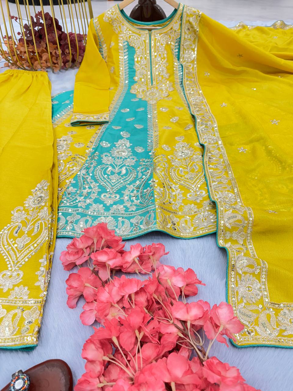 Yellow Premium Designer Readymade Top, Palazzo & Dupatta