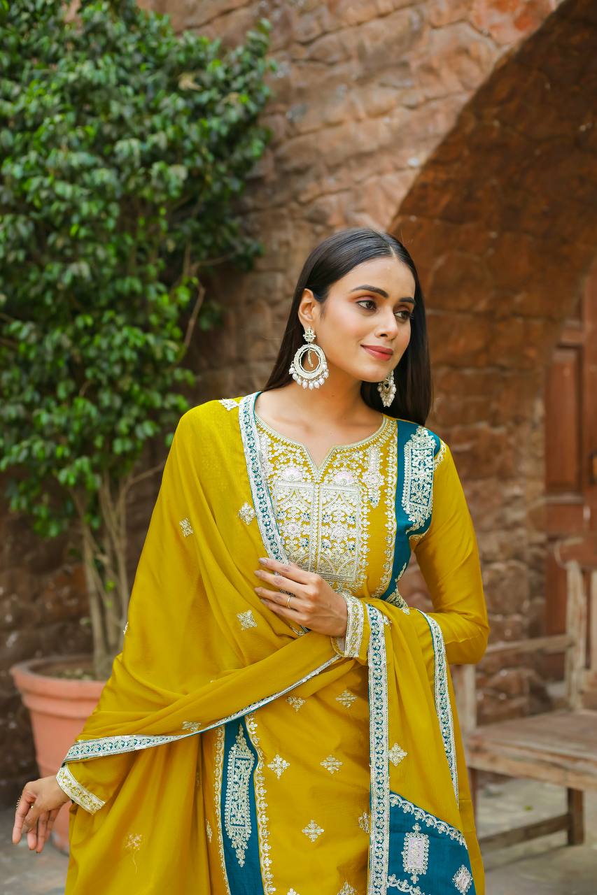 Yellow Premium Designer Readymade Top,Plazzo Set With Dupatta-Party Wear Collection