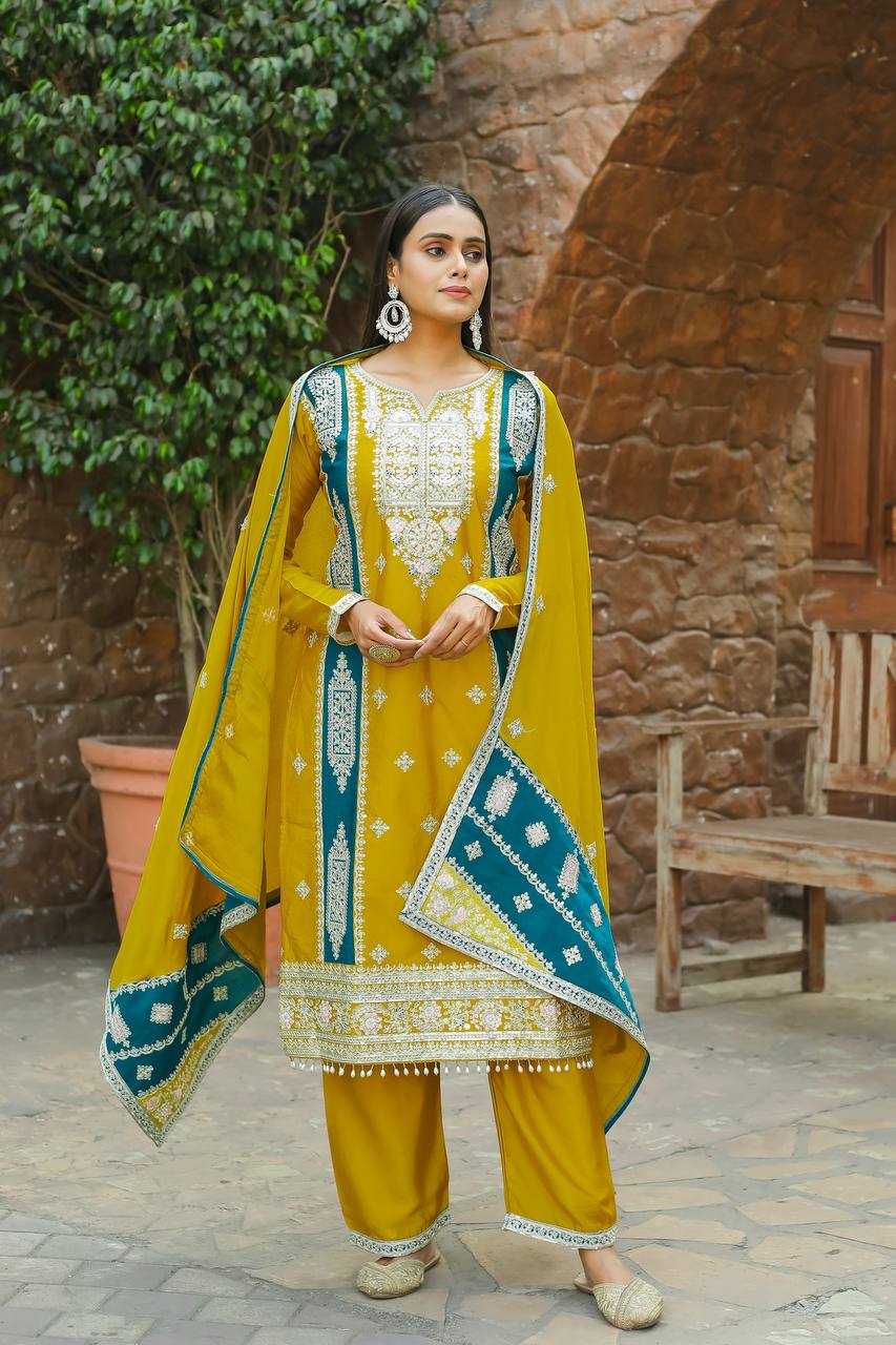 Yellow Premium Designer Readymade Top,Plazzo Set With Dupatta-Party Wear Collection
