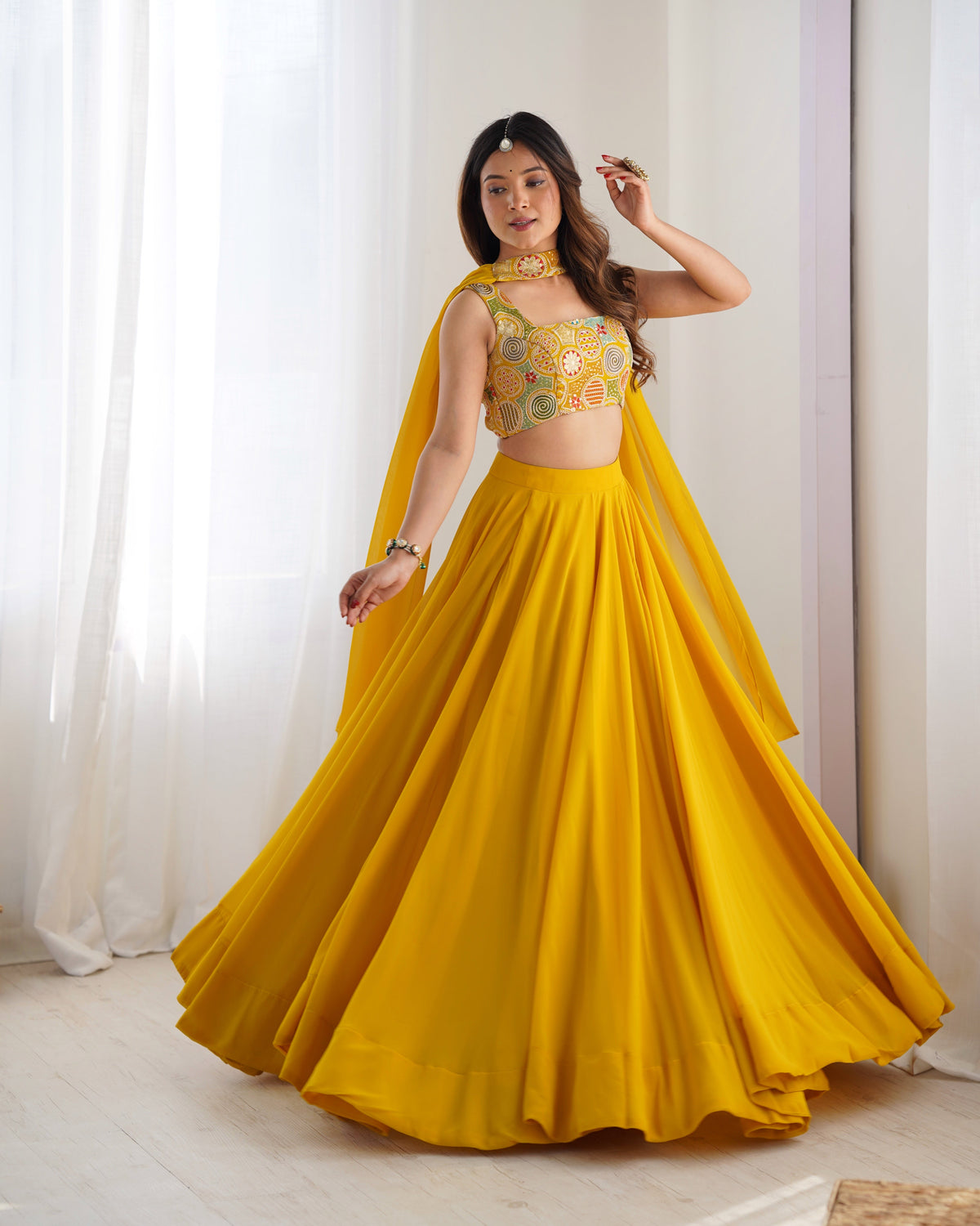 Yellow Pure Soft Fox Georgette Blooming Lehenga Choli with Fancy Blouse & Dupatta – Fully Stitched, Ready to Wear