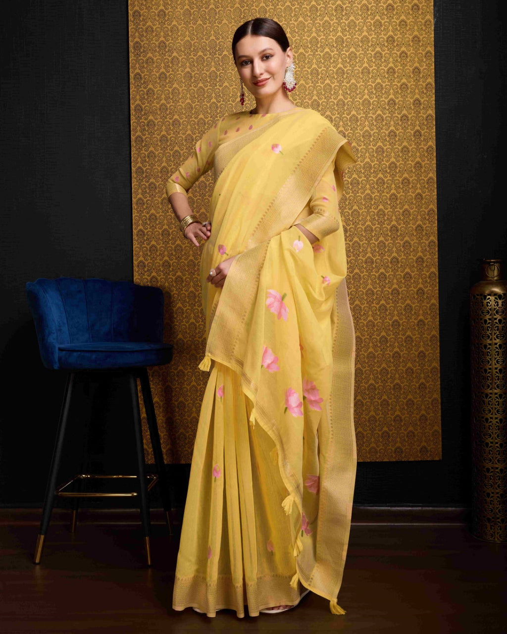 Yellow Radiant Floral Printed Saree with Zari Border