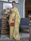 Yellow Traditional Linen Banarasi Saree with Unstitched Blouse Piece